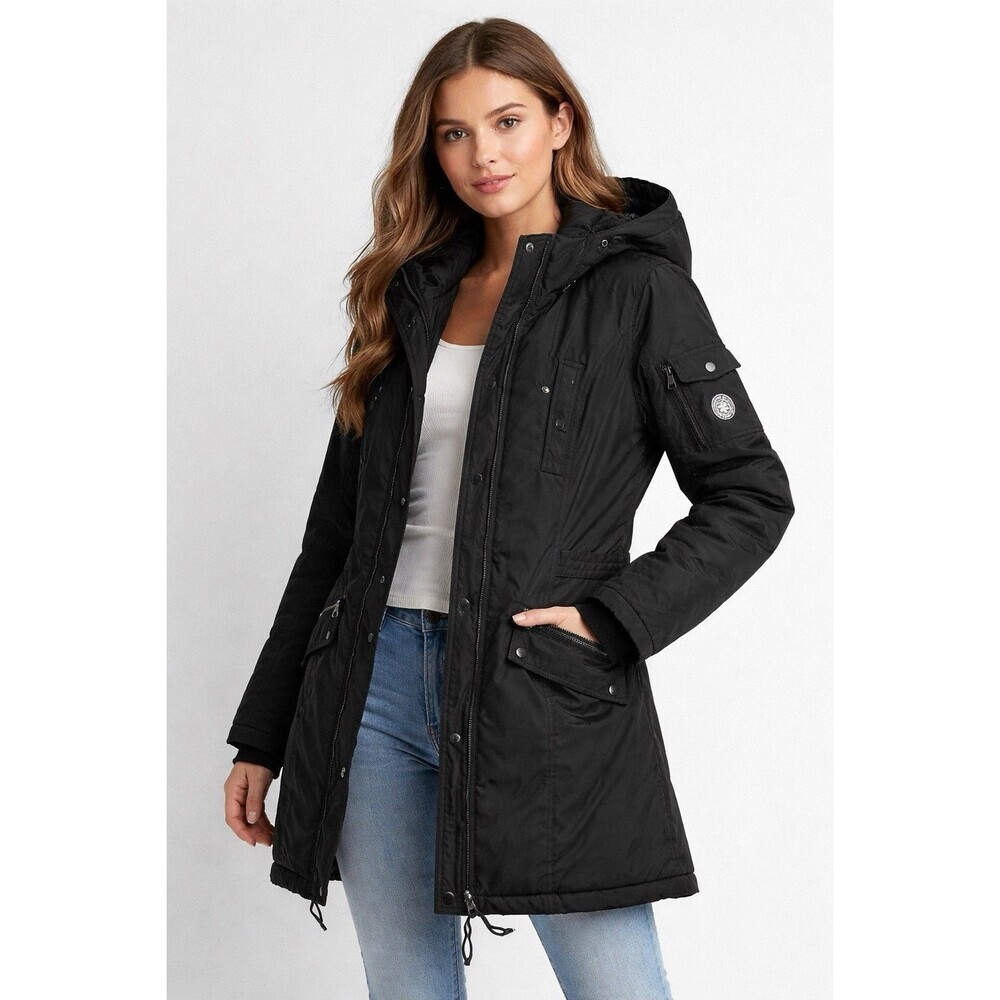 Madden Girl Black Utility Parka Jacket Hooded Fleece Lined Women’s L XL